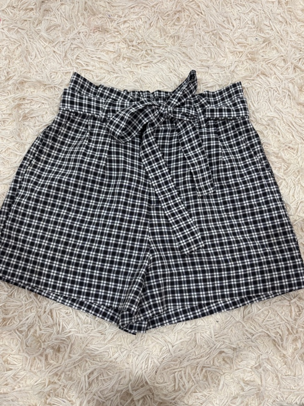 High-Waist Black & White Plaid Paperbag Shorts with Self-Tie